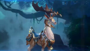 Picture of a white and brown reindeer in a mystical blue and enchanted forest.