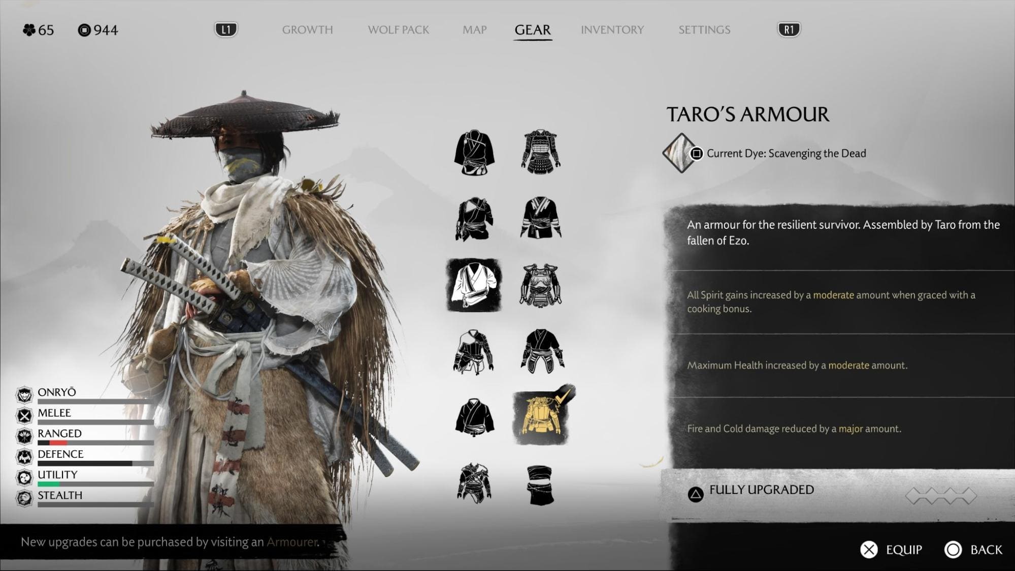 Player viewing the fully upgraded Taro’s Armor focused on survival in Ghost of Yotei