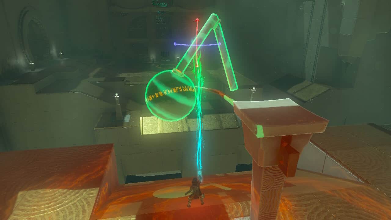 Tears of the Kingdom Runakit Shrine: Link using Ultrahand to place ball and log contraption.