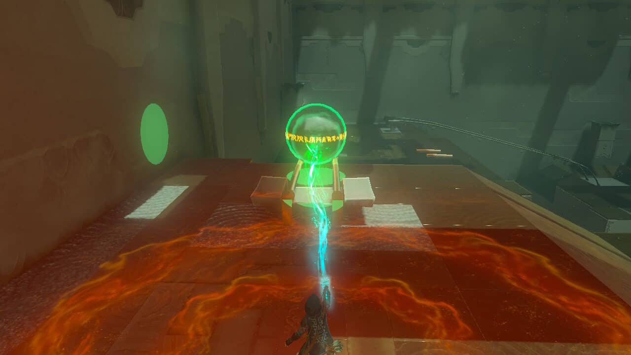Tears of the Kingdom Runakit Shrine: Link using Ultrahand on large ball.