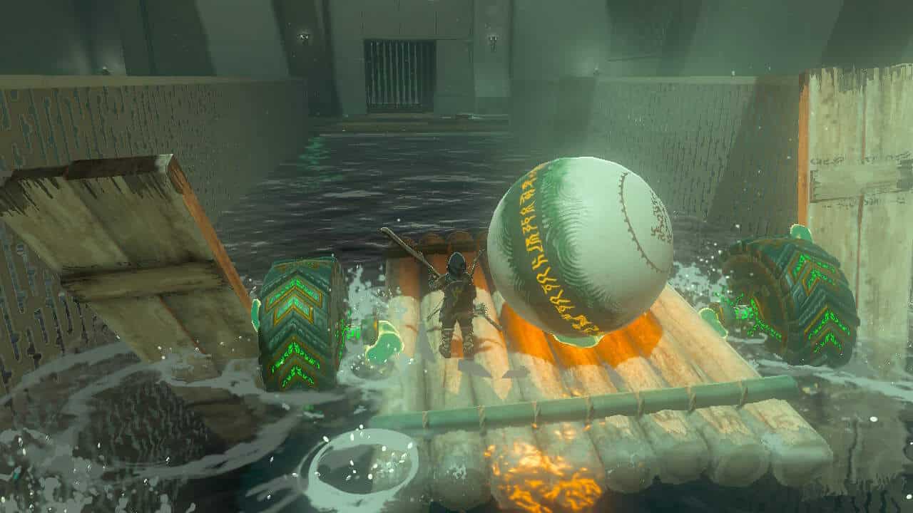 Tears of the Kingdom Tukarok Shrine: Link riding paddle-powered raft through water.