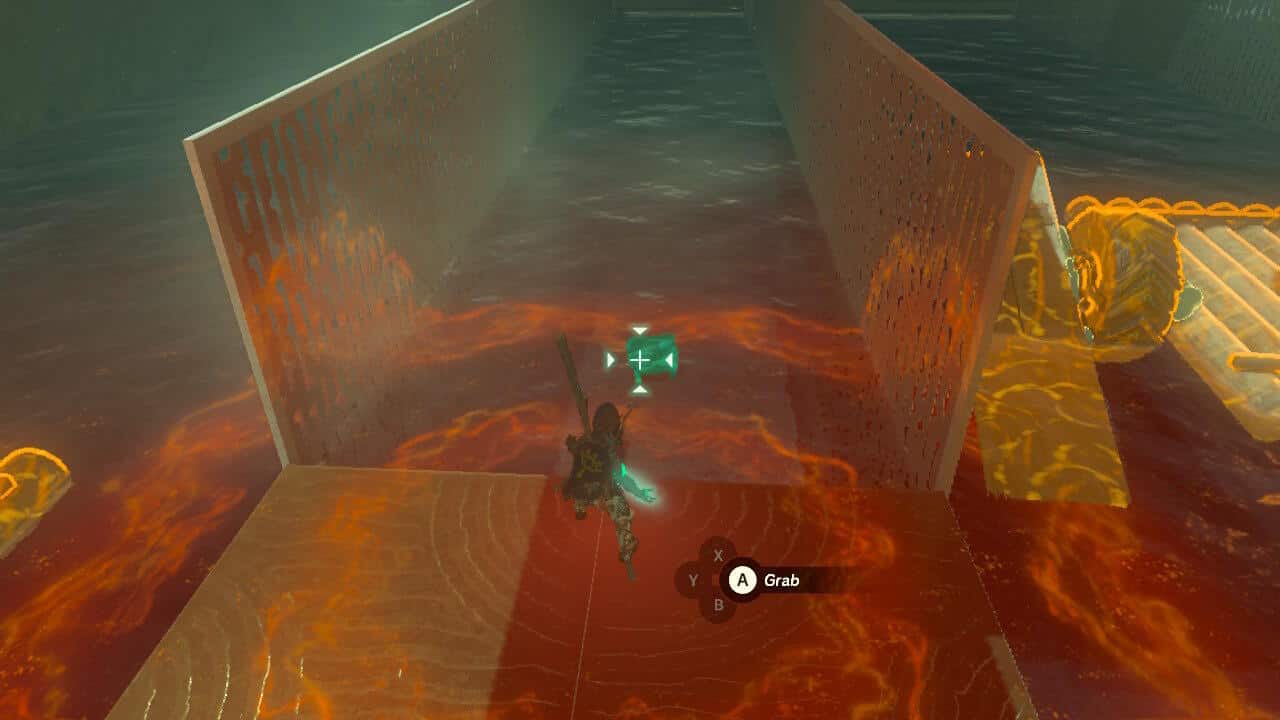 Tears of the Kingdom Tukarok Shrine: Link using Ultrahand on chest in water.