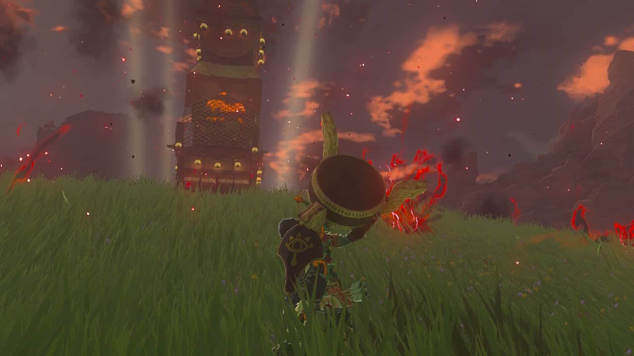 Tears of the Kingdom timeline: Link carrying a Purah Pad console towards a Skyview Tower.