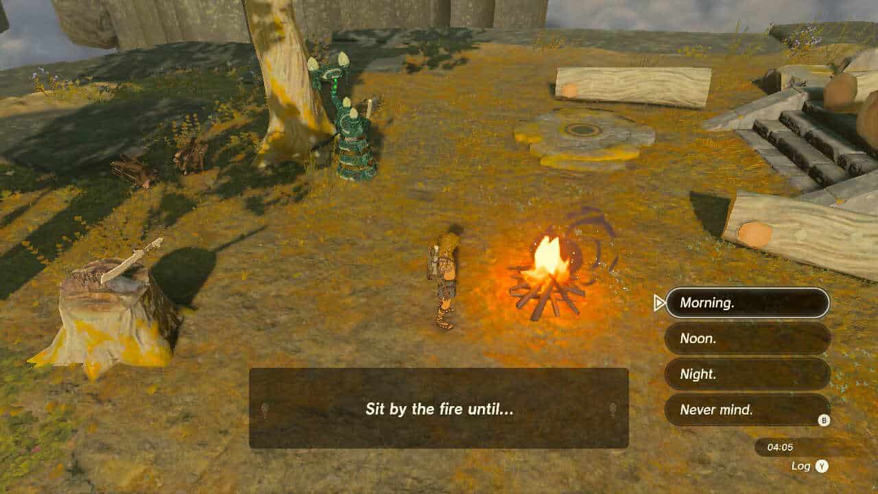 How to pass time in Tears of the Kingdom: Link resting at campfire.