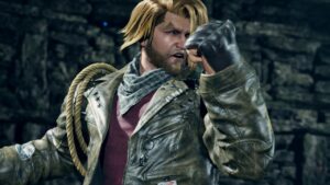 A man in a leather jacket is demonstrating how to low parry with a sword.
