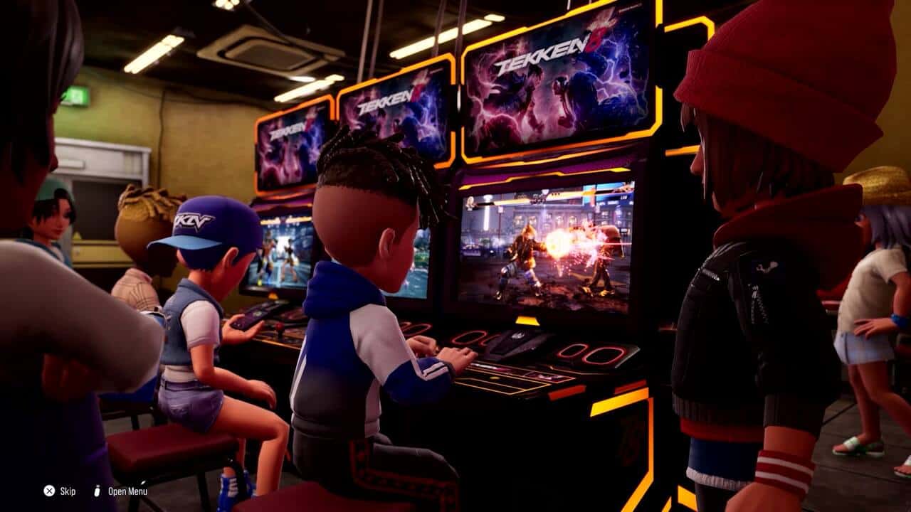 Tekken 8 Preview: A group of Arcade Mode avatars playing Tekken 8 on arcade cabinets