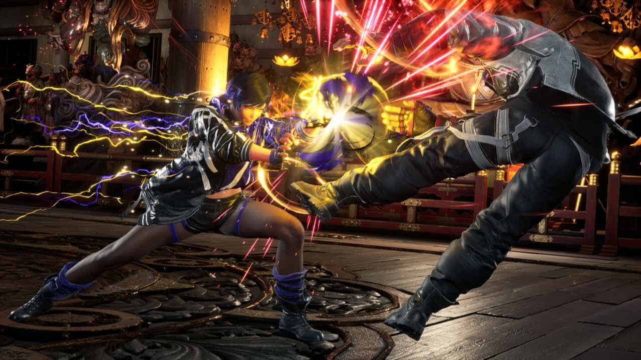 Tekken 8 Preview: Reina hitting Jin with yellow and purple particle effects emanating from her