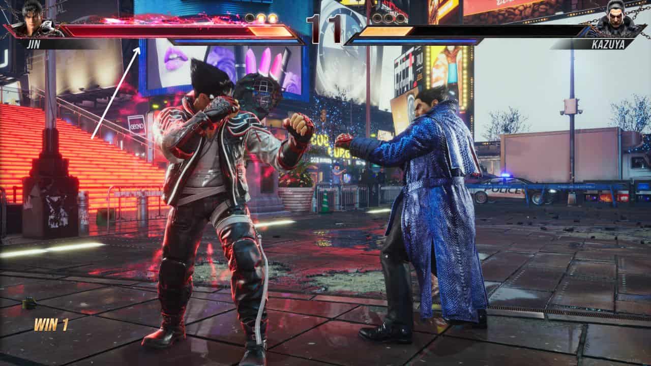 A visually captivating screenshot showcasing the intense battle between two skilled fighters amidst a bustling cityscape.