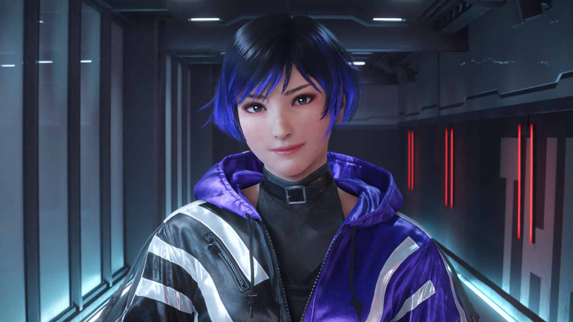 Tekken 8 Review: A close-up of Reina standing in a corridor.