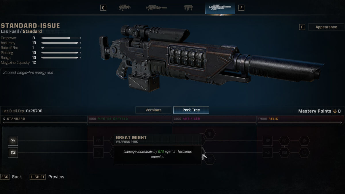 Space Marine 2 Terminus: Bolt Sniper Great Might perk in the Armoury Hall.