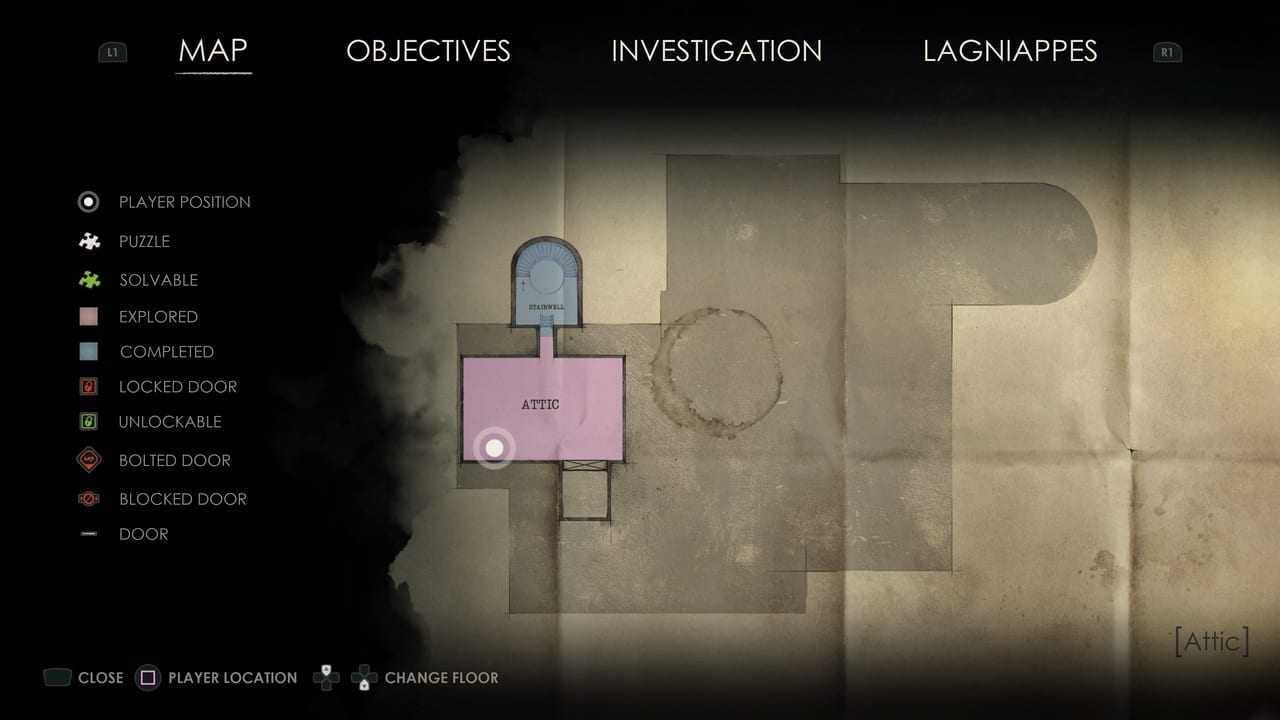 In-game map interface showing a player's location in an attic with icons denoting objectives and points of interest in Alone in the Dark Lagniappe.