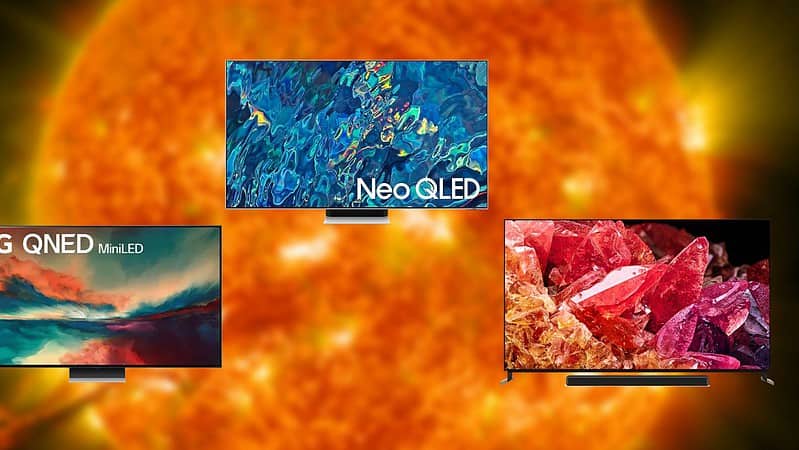 Three televisions, the best for bright rooms, displaying vibrant images with the backdrop of a close-up view of the sun's surface.