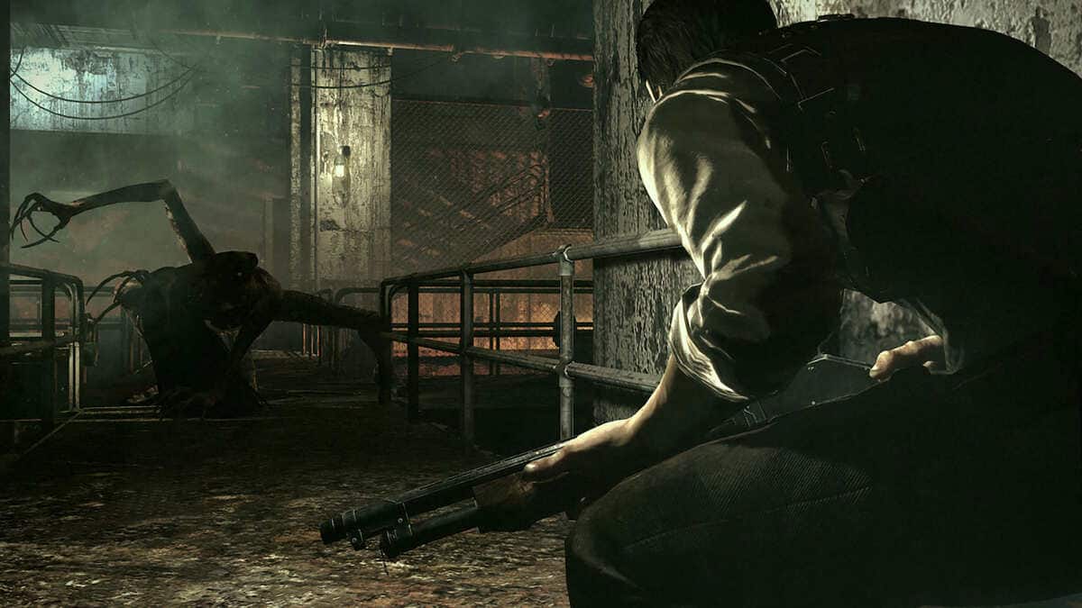 A person with a shotgun crouches while fighting against a monster in The Evil Within.