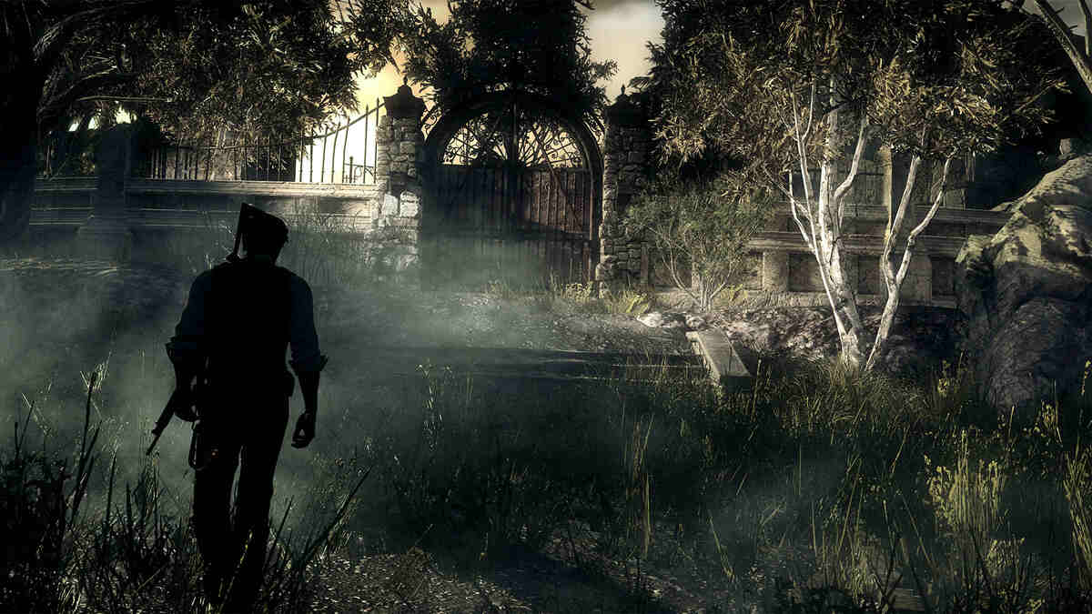 A person holding a weapon walks towards a large, gated entrance in The Evil Within 2.
