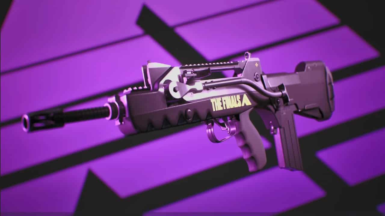 An illustrated futuristic firearm with the label "thermal" on a purple geometric background for The Finals.