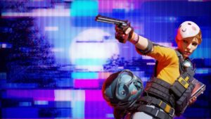 A character in a yellow shirt and tactical gear points a handgun. They have a white mask on their head, and a helmet hanging from their waist. A glitchy, neon-hued background reminiscent of The Finals Season 3 sets the stage for their future success.