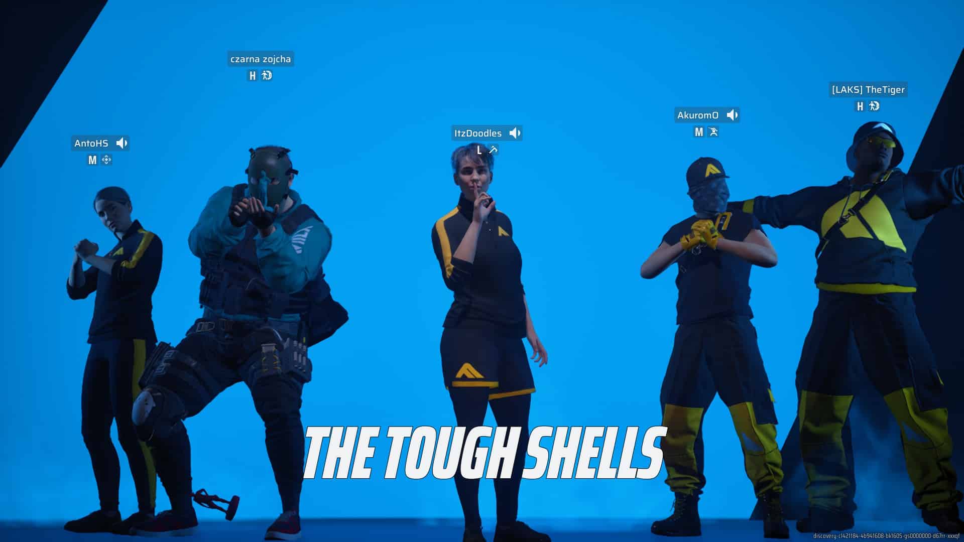 A group of video game characters in coordinating outfits posing under the title "The Finals: The Tough Shells.