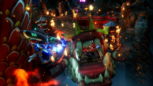 A futuristic character from Sonic racing game in armor flies near a giant dragon head with glowing eyes in a fiery, nighttime setting
