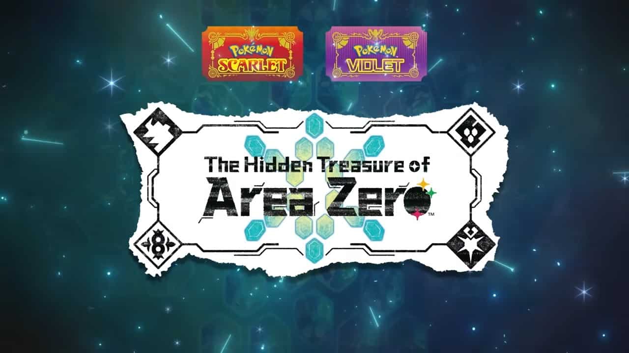 Pokemon Scarlet and Violet DLC release date: A graphic showing the name of the DLC, "The Hidden Treasure of Area Zero"