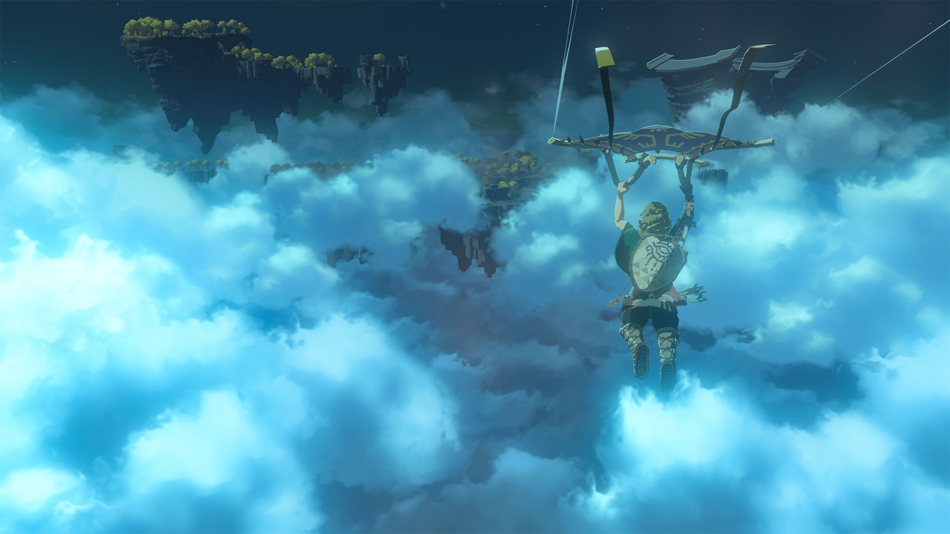 Link gliding through the clouds toward floating islands in The Legend of Zelda: Tears of the Kingdom