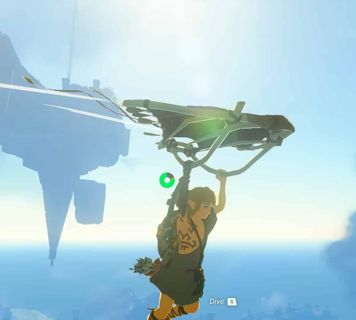 Tears of the Kingdom how to get more stamina: Link paragliding in the sky with Sky Islands in the background.