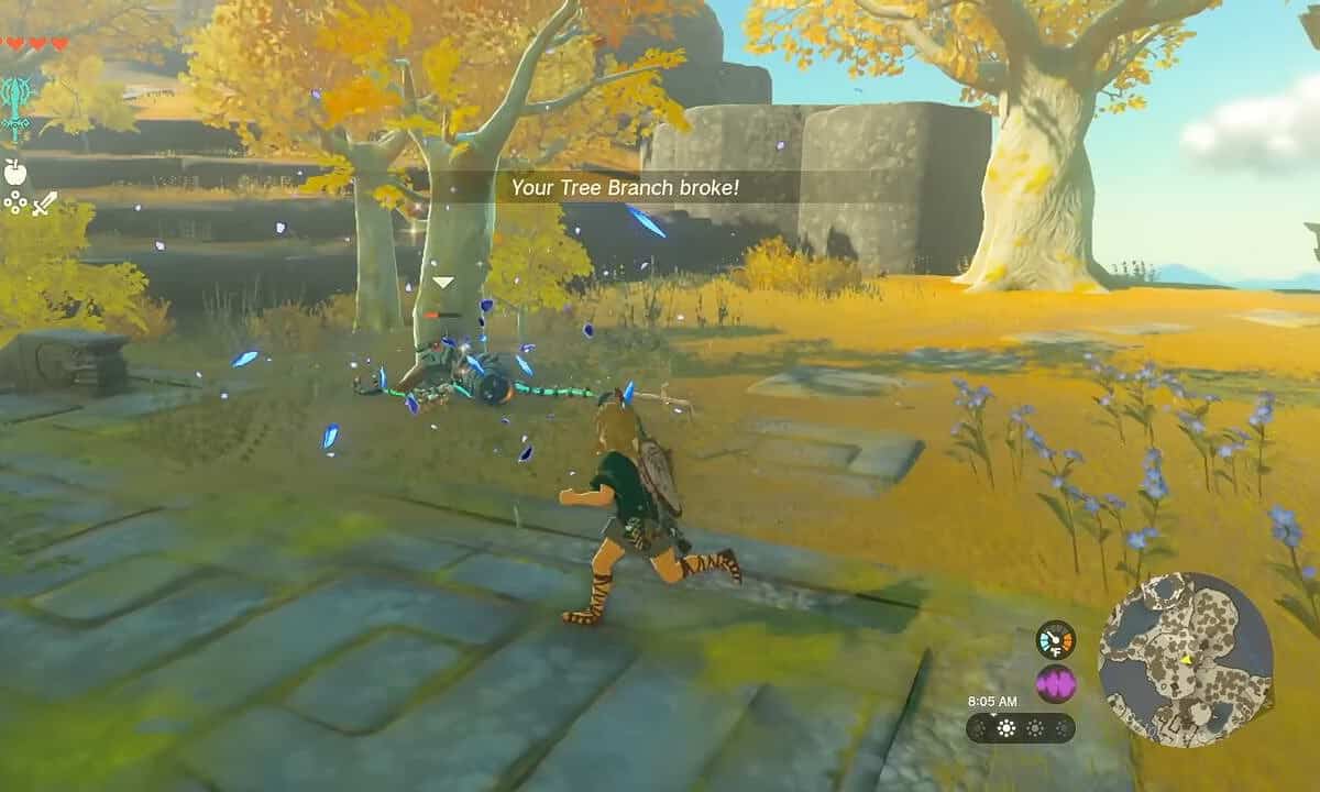 Tears of the Kingdom weapon durability: Link having defeated a construct. A message says "Your Tree Branch broke!"