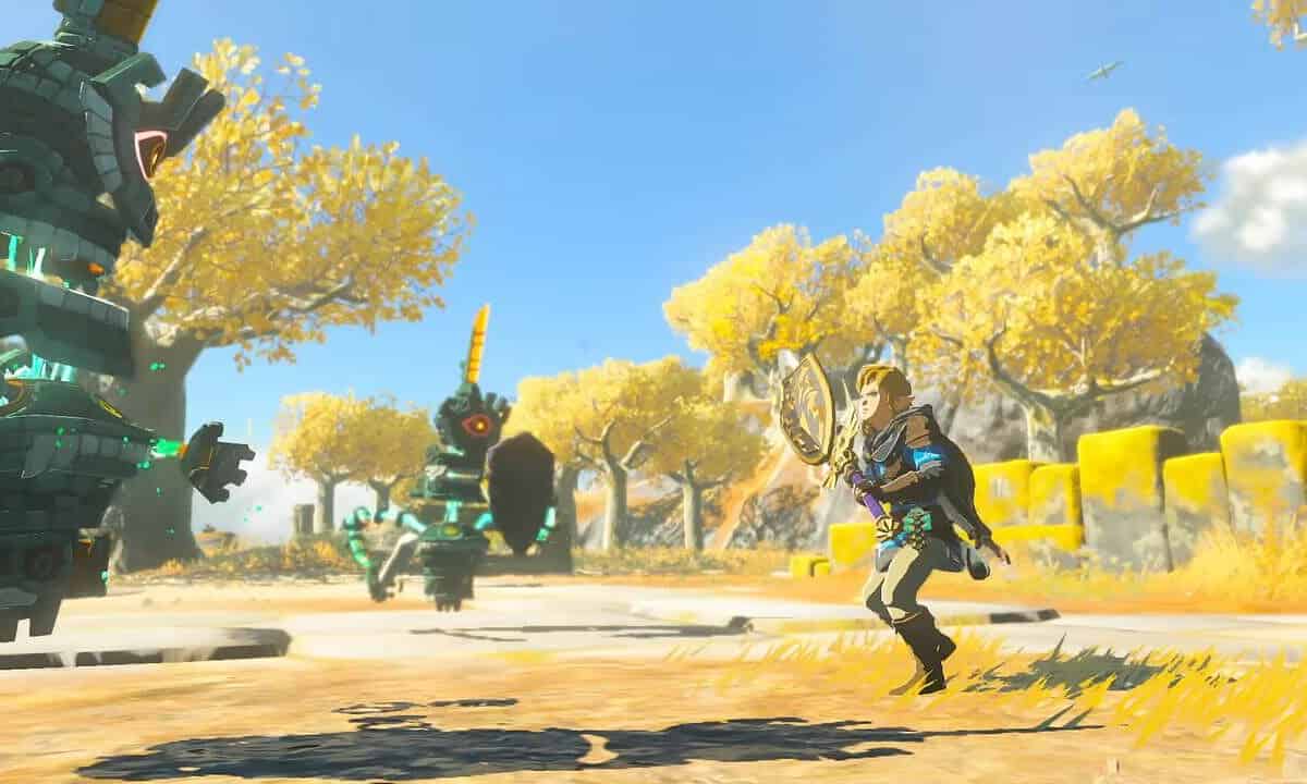Tears of the Kingdom how to parry: Link preparing to fight two constructs.