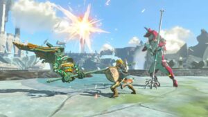 Tears of the Kingdom how to dodge: Link and Sidon fighting against a construct.