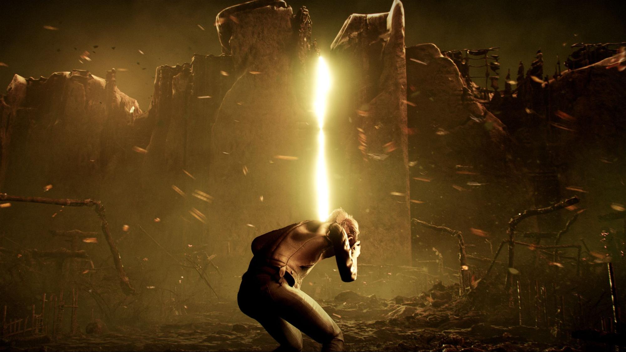 The Medium horror game screenshot showing Marianne exploring eerie split-screen dual realities between physical and spirit world.