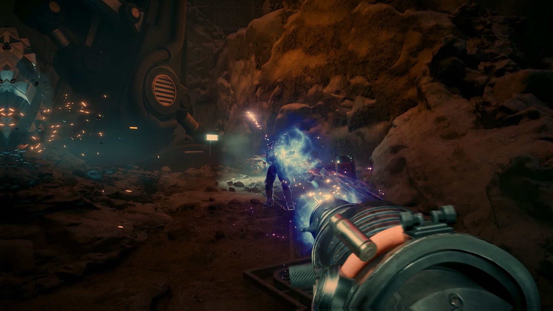 First-person combat in The Outer Worlds 2, showing the player firing an energy weapon that emits blue lightning at an enemy inside a rocky underground area.