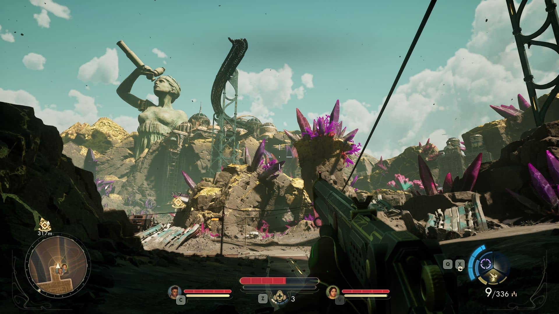 A first-person view of a player aiming a weapon while exploring a rocky wasteland filled with purple crystals and a massive statue in The Outer Worlds 2