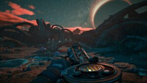 A player holding a futuristic weapon looks out over an alien landscape filled with rocky arches and glowing blue flora under a ringed planet’s night sky in The Outer Worlds 2