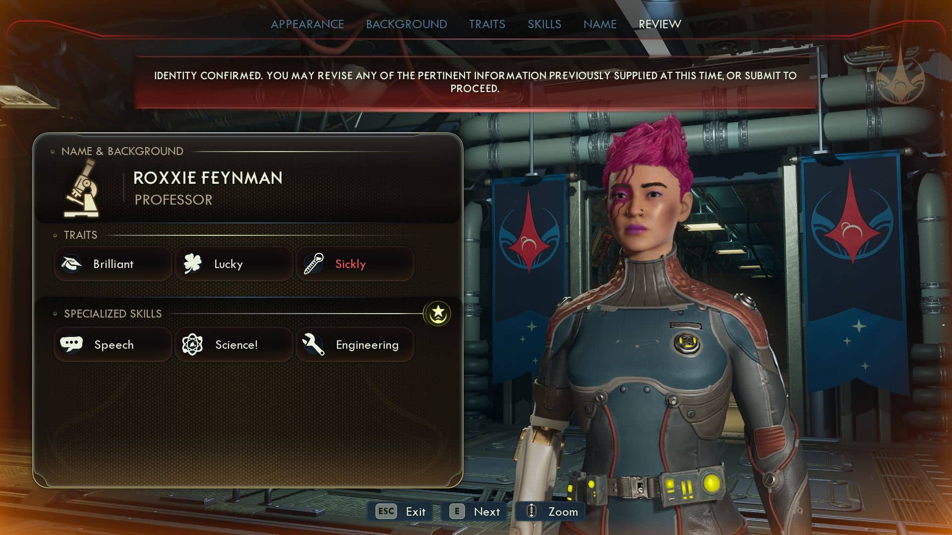 Character creation screen in The Outer Worlds showing Professor Roxxie Feynman