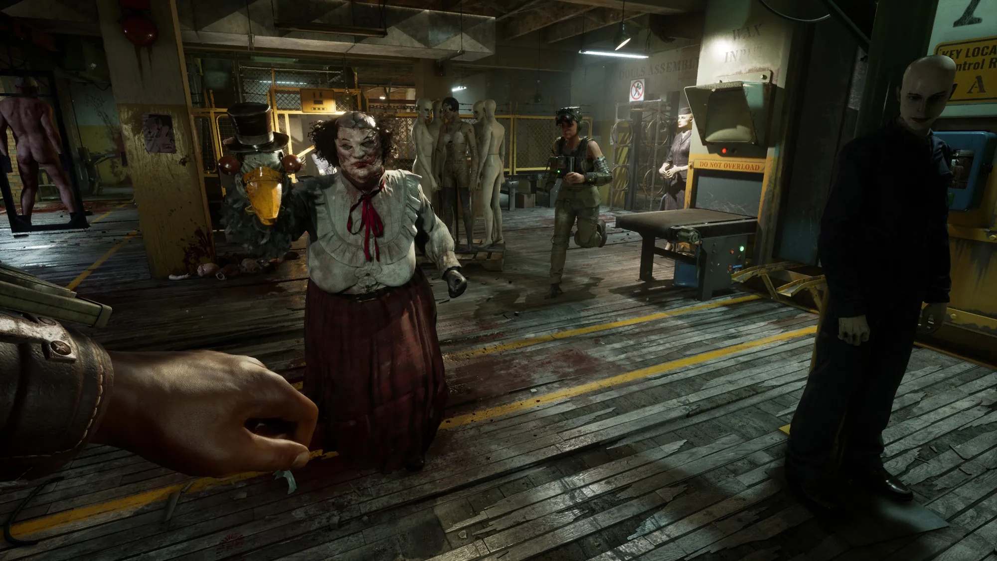 The Outlast Trials co-op survival horror gameplay showing players escaping disturbing Cold War laboratory filled with grotesque enemies.