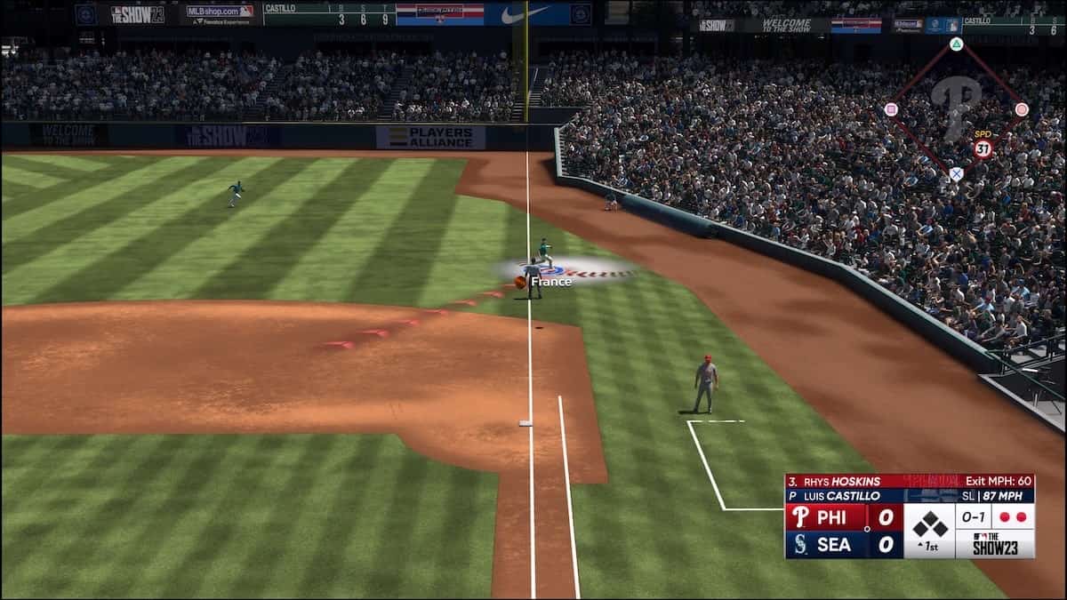 Ty France of the Seattle Mariners catching a baseball in MLB The Show 