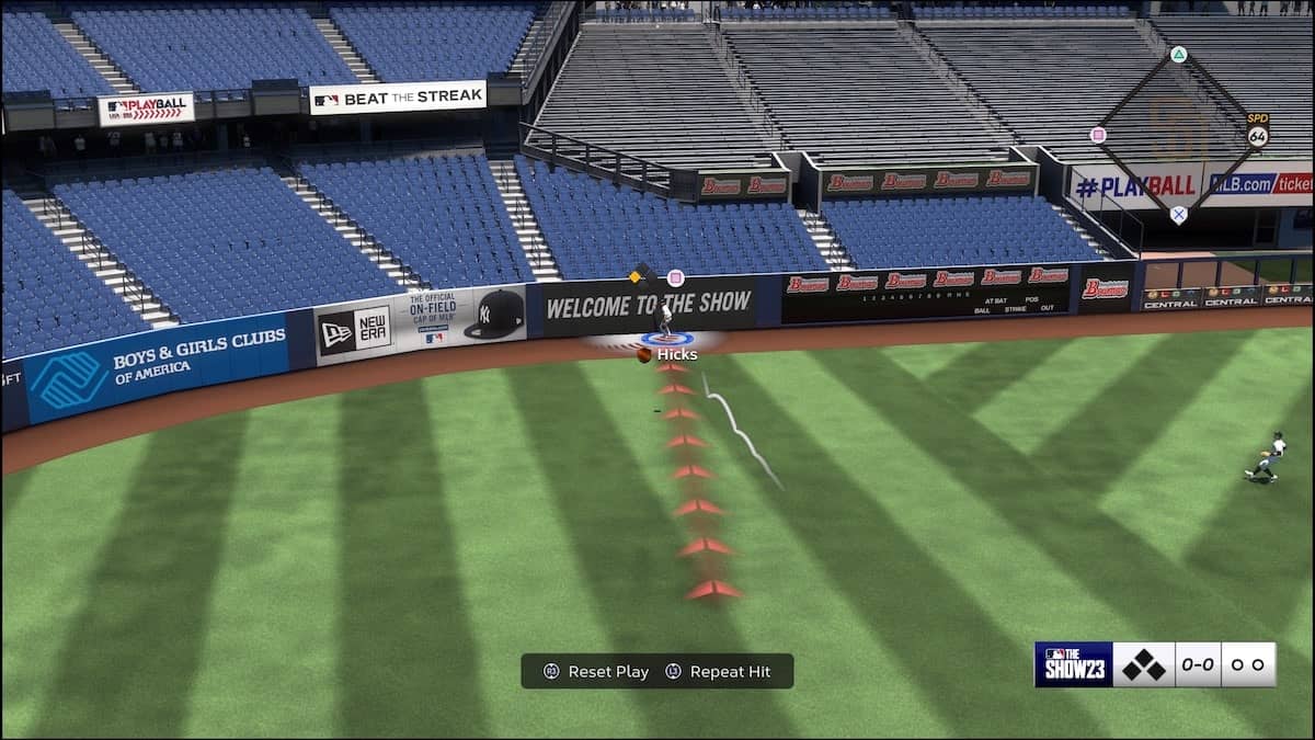 Aaron Hicks of the New York Yankees catching a baseball in MLB The Show 
