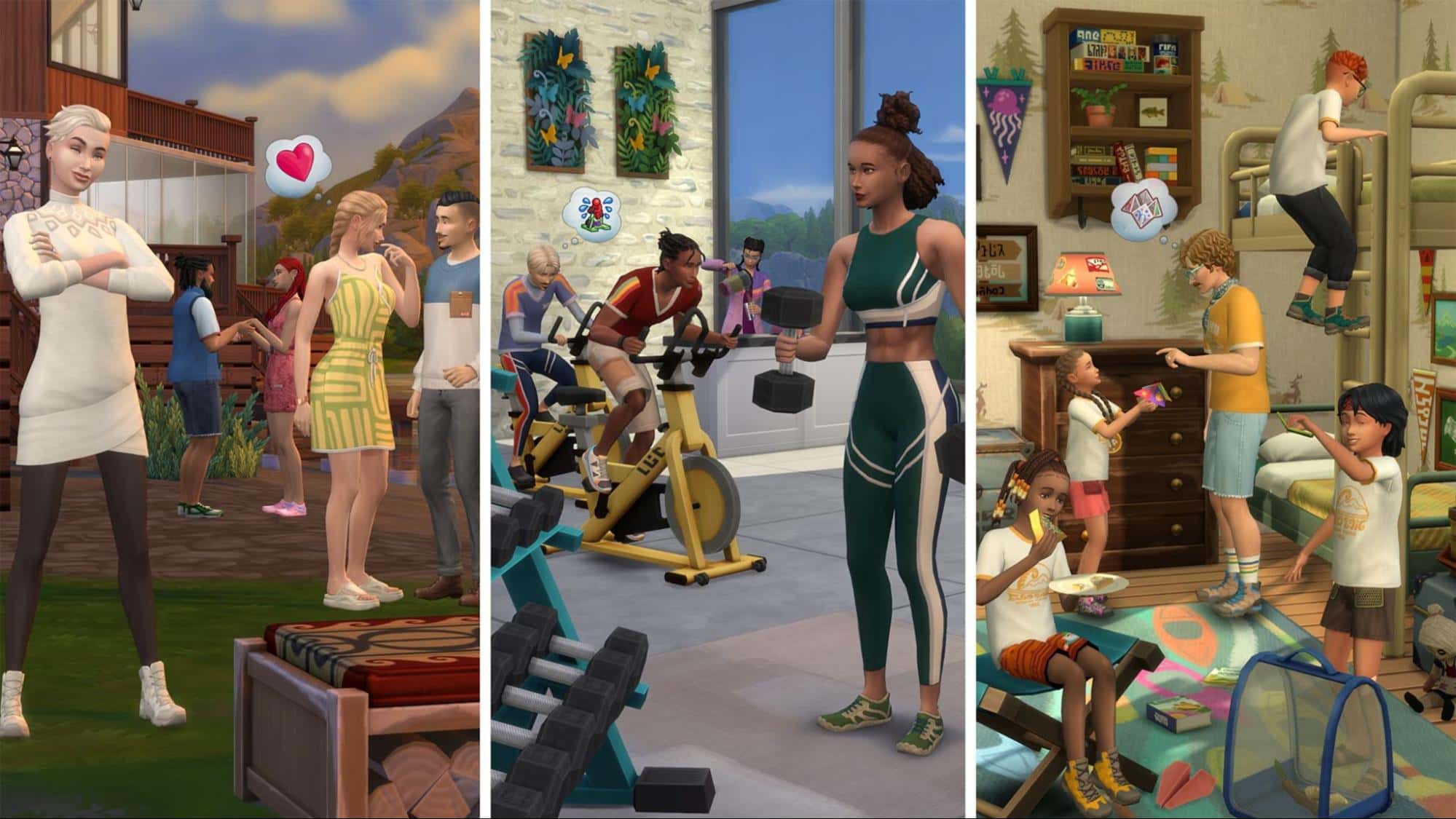 Sims socializing, working out, and camping together in The Sims 4 Adventure Awaits expansion pack
