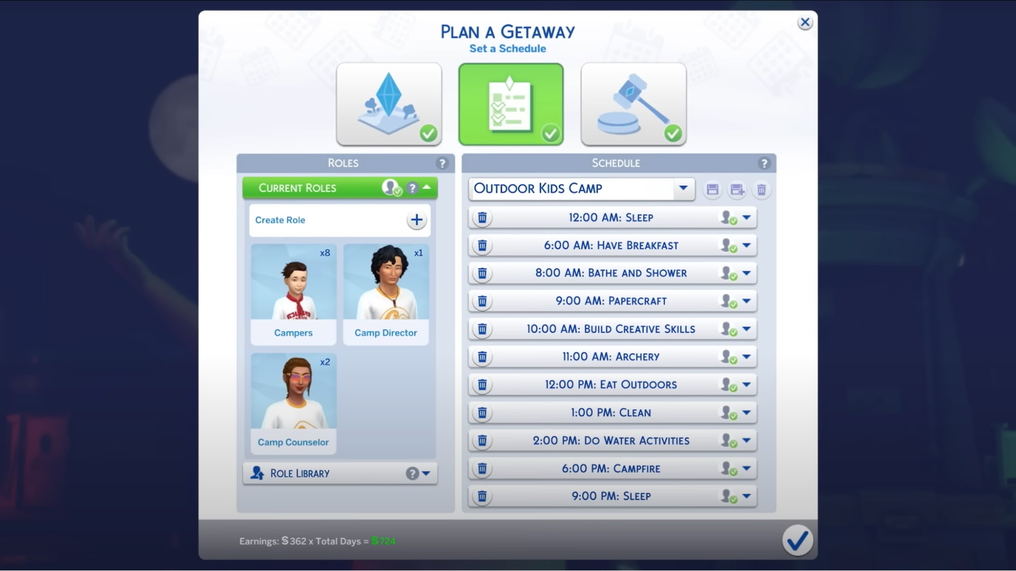 In-game interface from The Sims 4 Adventure Awaits showing the “Plan a Getaway” schedule for an Outdoor Kids Camp