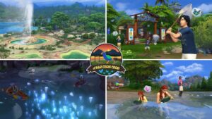 Scenes from The Sims 4 Adventure Awaits expansion showing new outdoor activities and scenic getaway locations