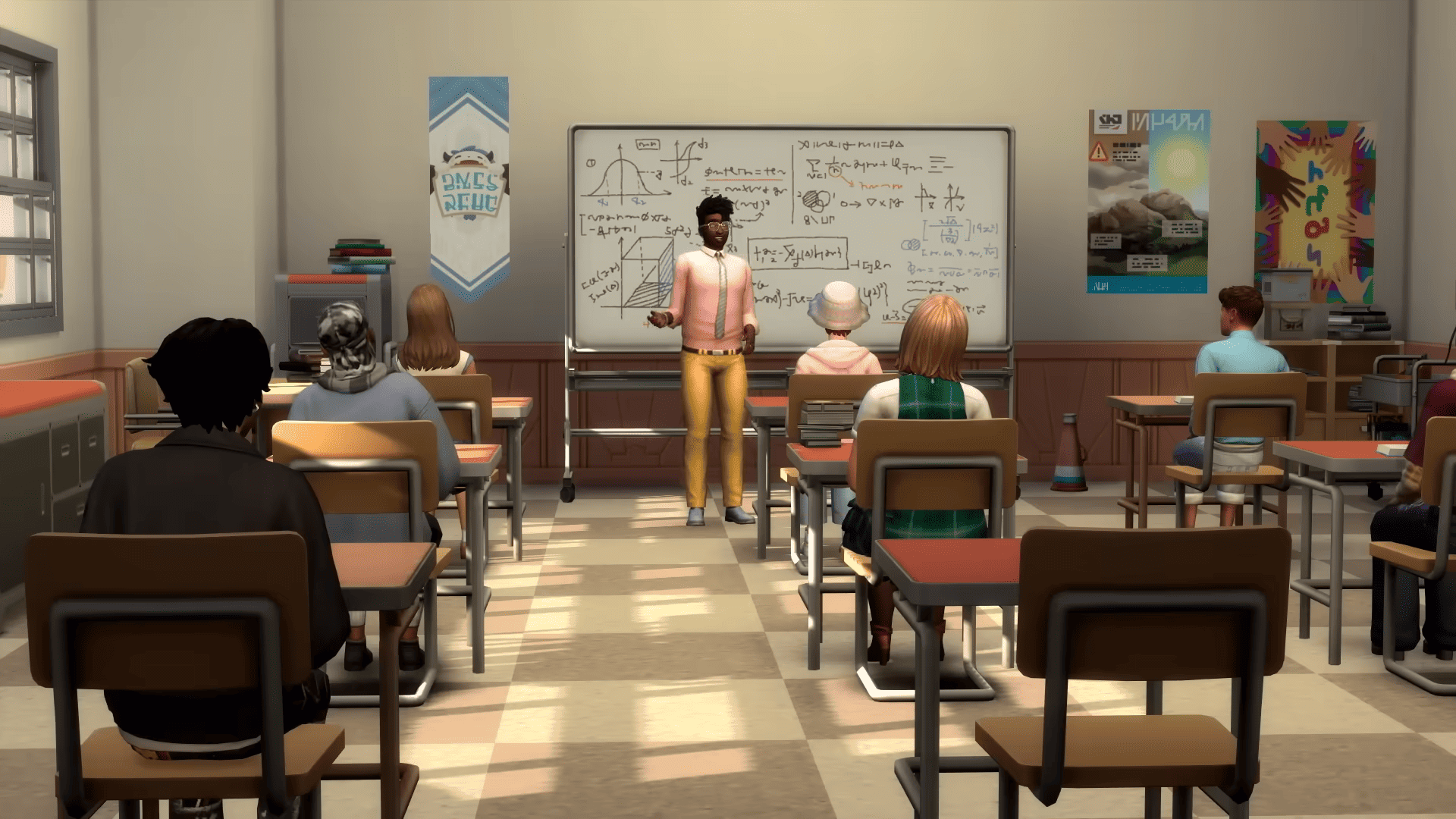 A Sims 3 classroom with people sitting at desks, demonstrating various skills and abilities.
