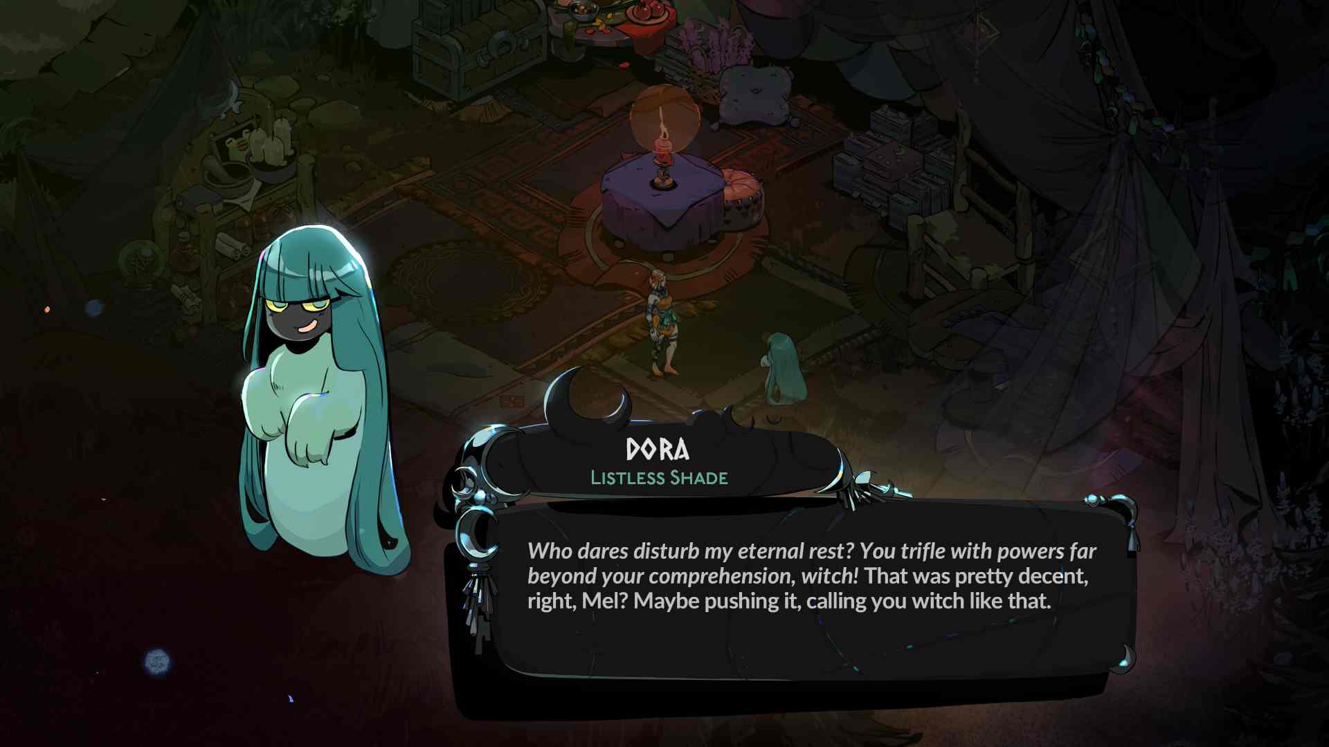 Dialogue cutscene in Hades 2 with Demeter, Goddess of Seasons, speaking to Melinoë against a detailed mythological backdrop.
