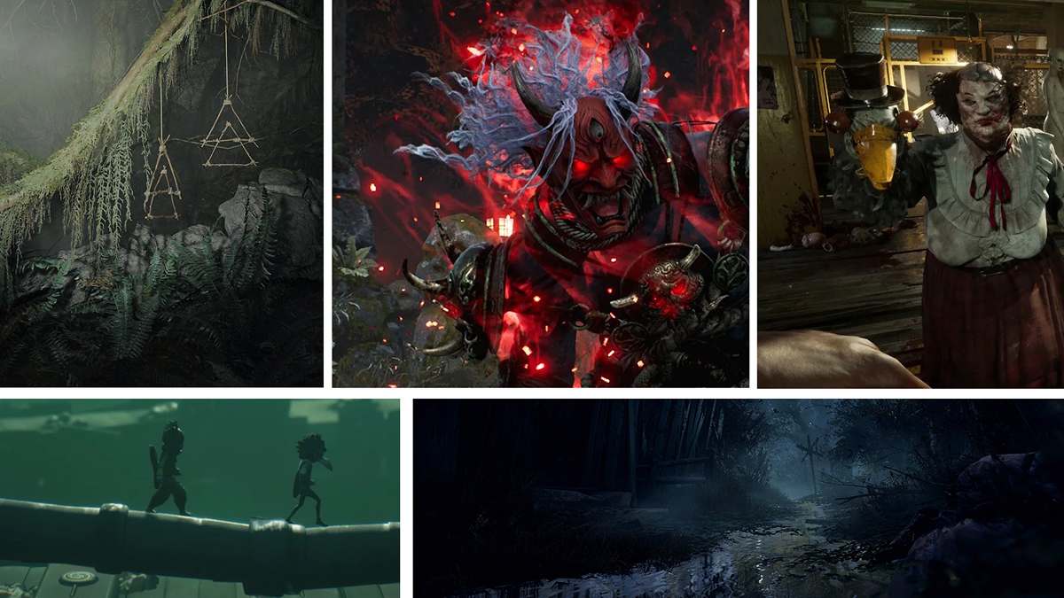Collage of top horror games: Alan Wake II, Dead by Daylight Oni, Outlast Trials clown, Little Nightmares III with Low and Alone, haunted forest scene.