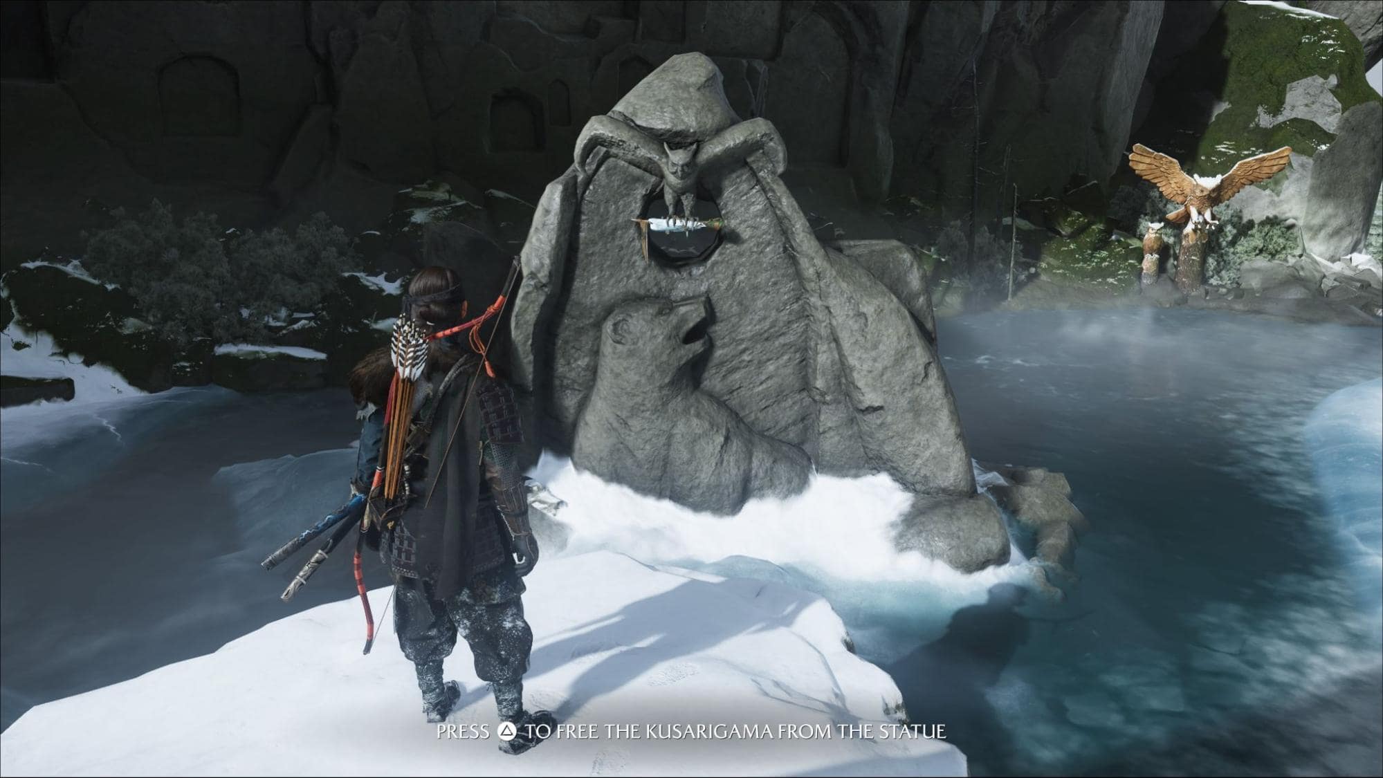 Character standing before a large stone owl statue holding the kusarigama weapon in Ghost of Yotei The Kusarigama’s Shame quest