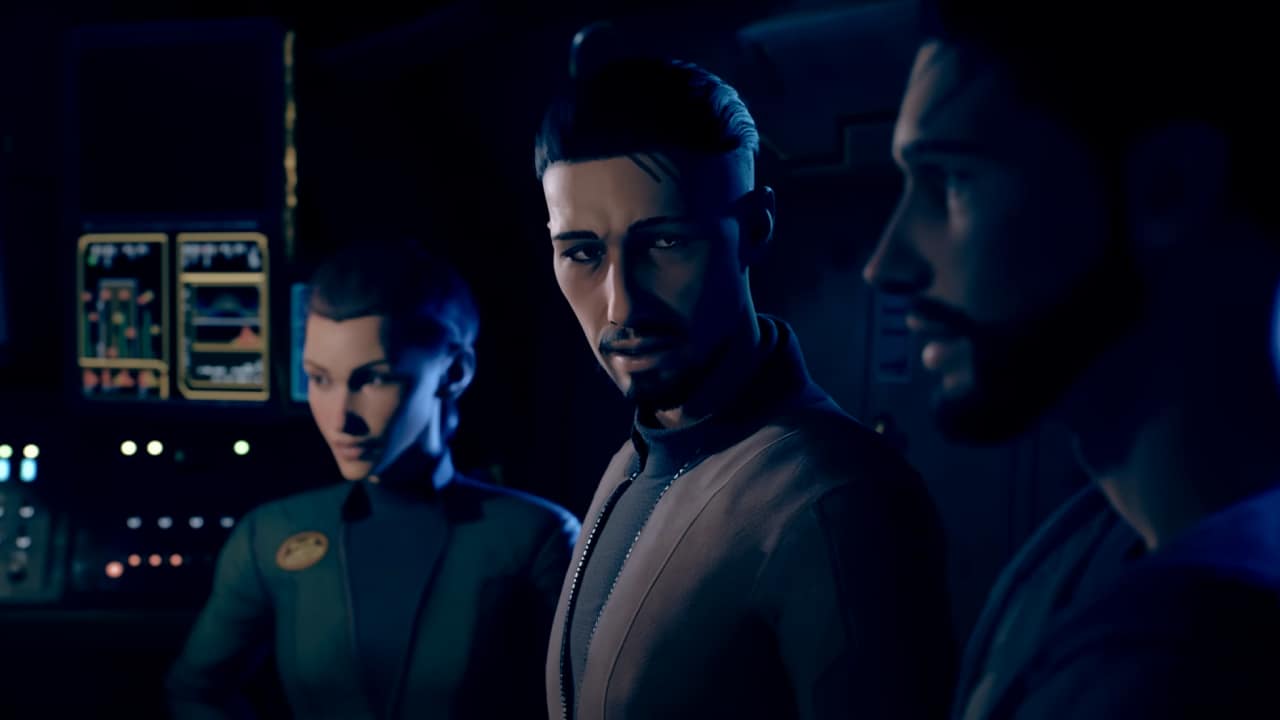 The Expanse A Telltale Series trophies and achievements: Three characters onboard a starship stand in a line looking at each other.
