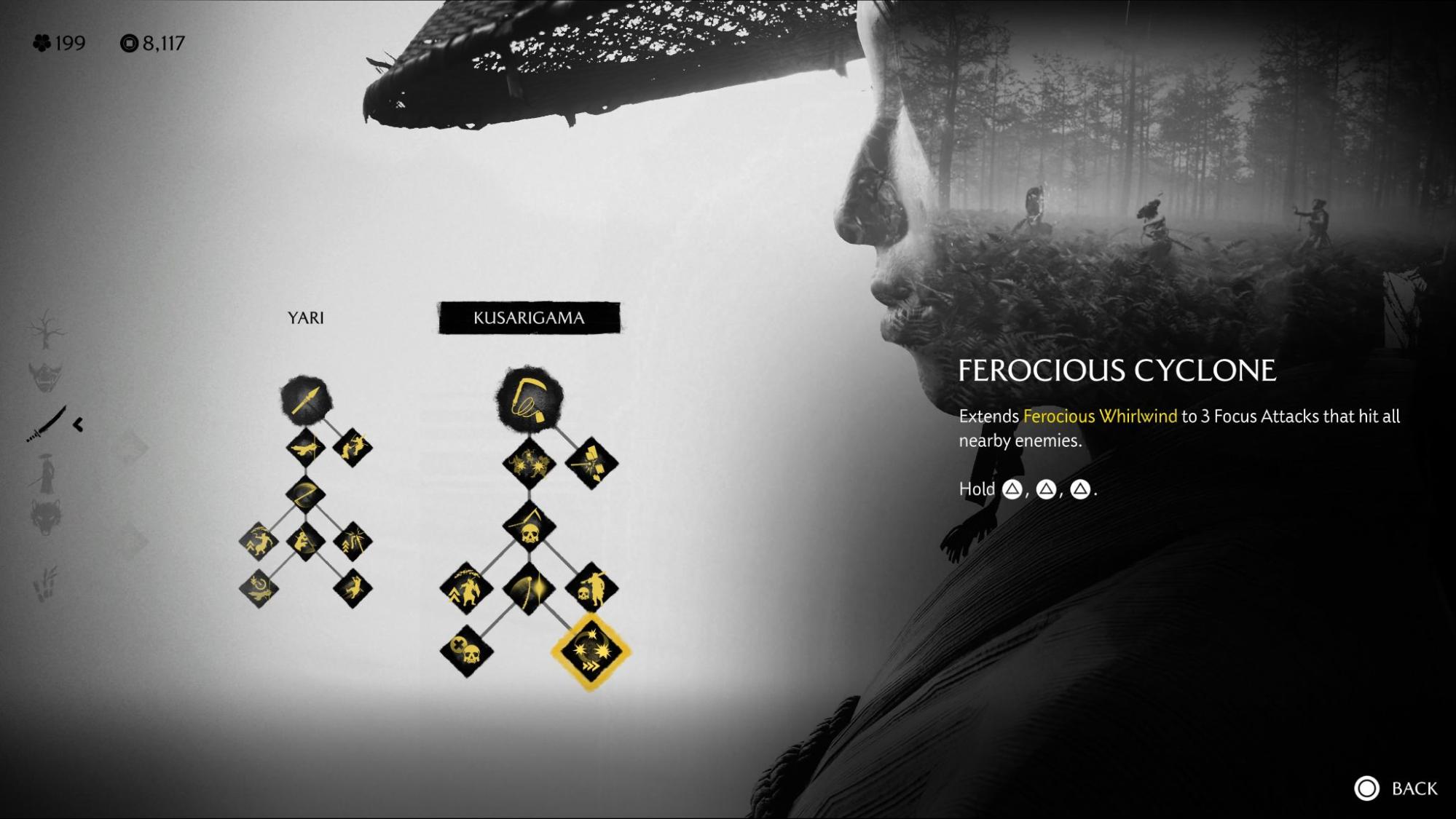 The black-and-white screen of the video game Ghost of Yotei shows a skill tree for weapons, including the yari and kusarigama