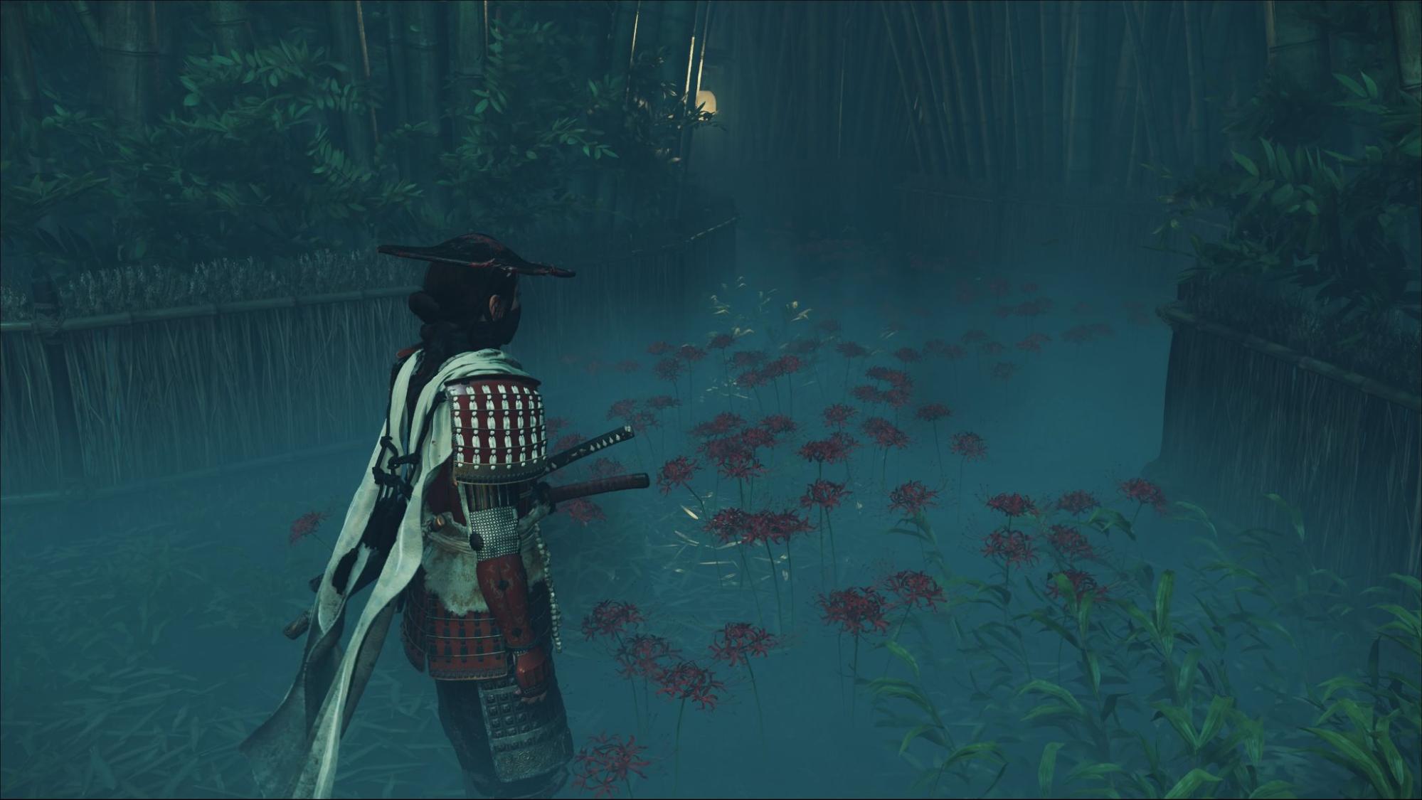 Samurai inside the Ghost of Yotei Spider Lily General maze, standing on a misty bamboo path marked by red spider lilies
