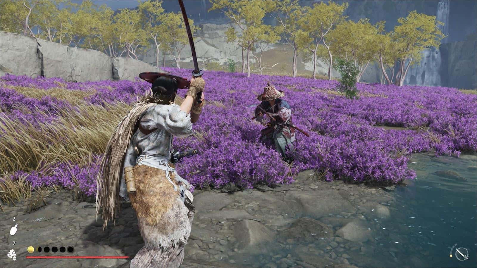 Two warriors face off with swords among vibrant purple flowers and a calm pond in Ghost of Yotei