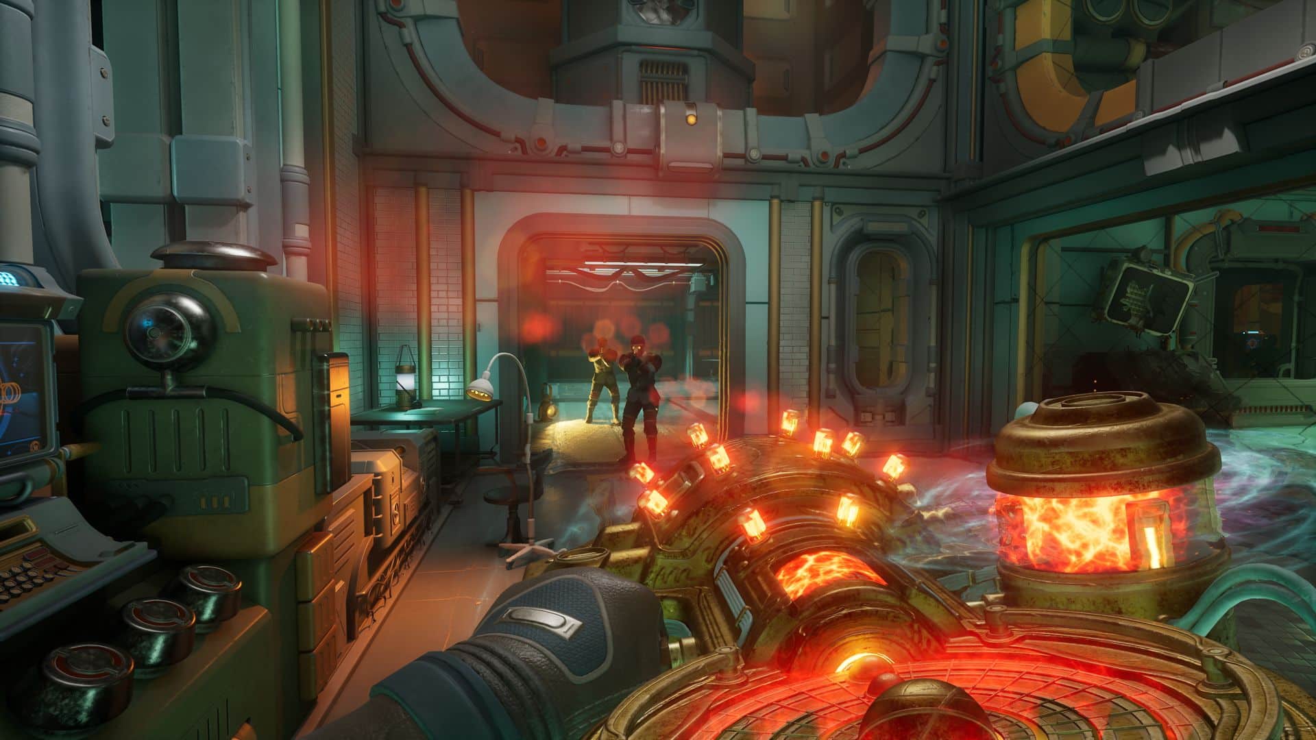 Player aiming a glowing lava weapon inside a laboratory in The Outer Worlds 2