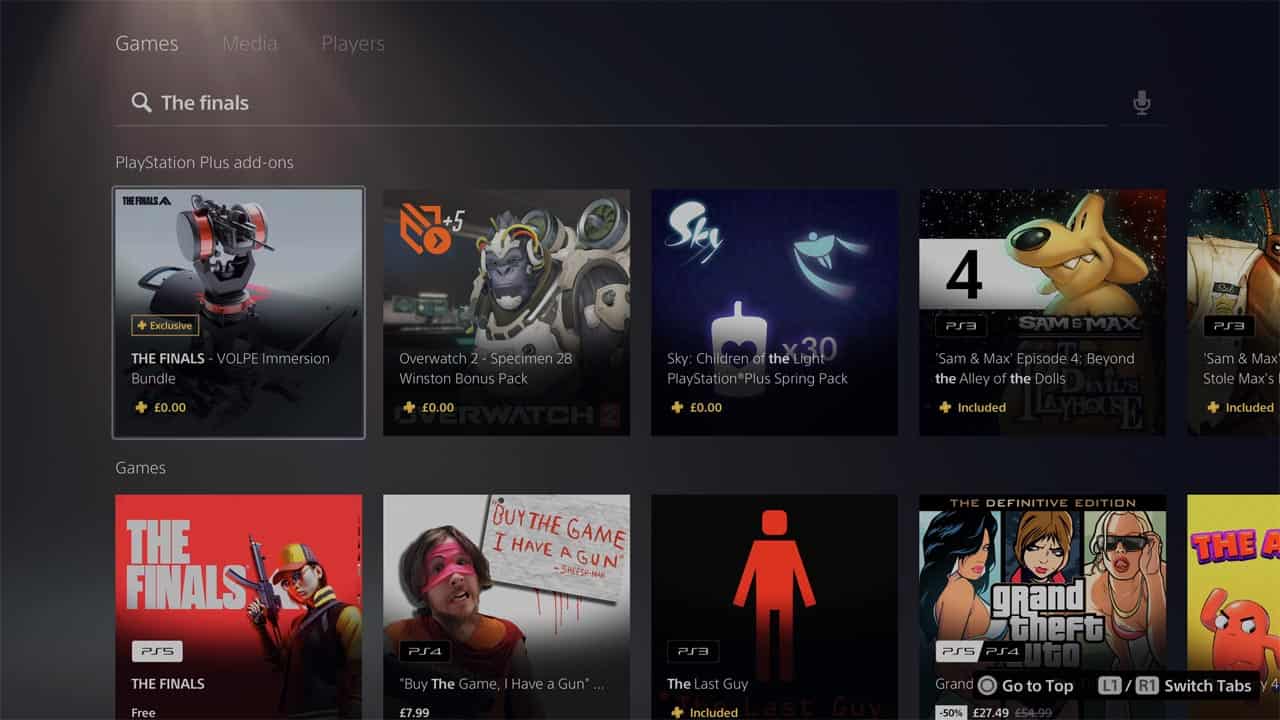 A screen shot of the PSN app showcasing the process to obtain the free VOLPE Immersion Bundle through The Finals PS Plus pack.
