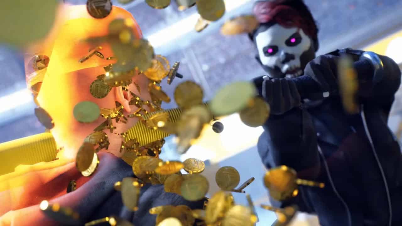 A masked man unleashes their disdain for the Vegas map by showcasing a dazzling display of gold coins.